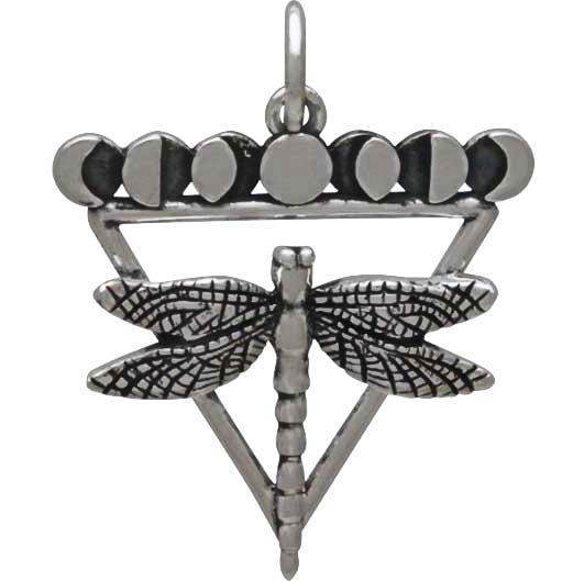 Nina Designs presents the Sterling Silver Dragonfly Charm with Moon Phases, featuring a detailed dragonfly with intricately designed wings set within a triangle and highlighted by nine circles symbolizing the phases of the moon.