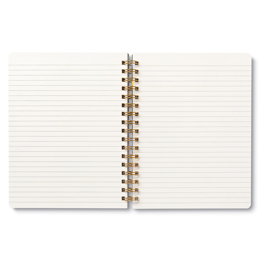 An open Compendium Wild at Heart Spiral Notebook with lined, cream-colored pages. The notebook is laid flat, revealing both the left and right pages decorated with charming cat illustrations. The metallic spiral binding is positioned in the center. Perfect for animal lovers, the pages are blank without any writing or markings.