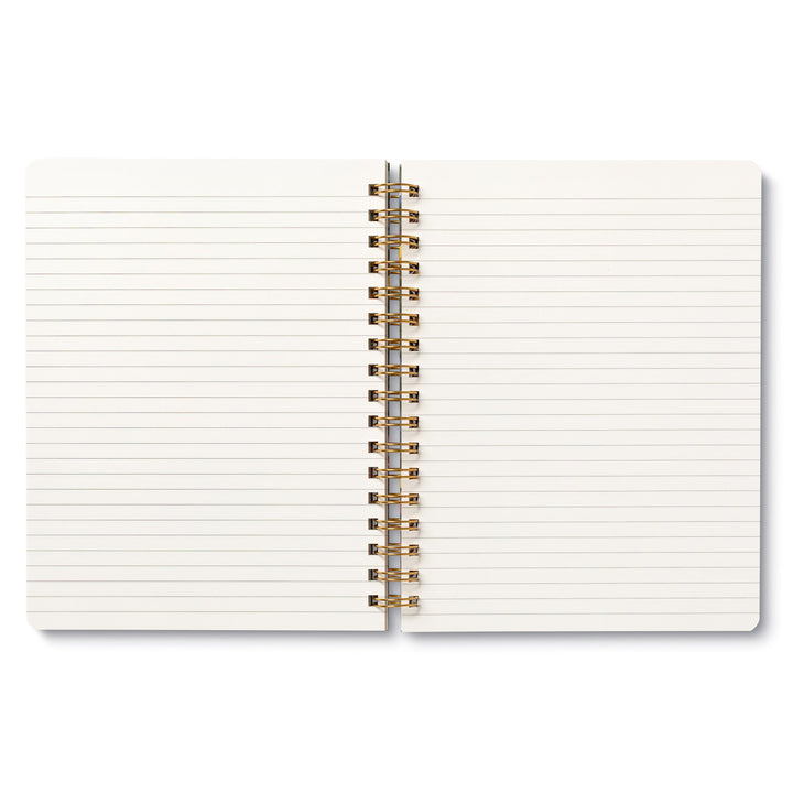 An open Compendium Wild at Heart Spiral Notebook with lined, cream-colored pages. The notebook is laid flat, revealing both the left and right pages decorated with charming cat illustrations. The metallic spiral binding is positioned in the center. Perfect for animal lovers, the pages are blank without any writing or markings.