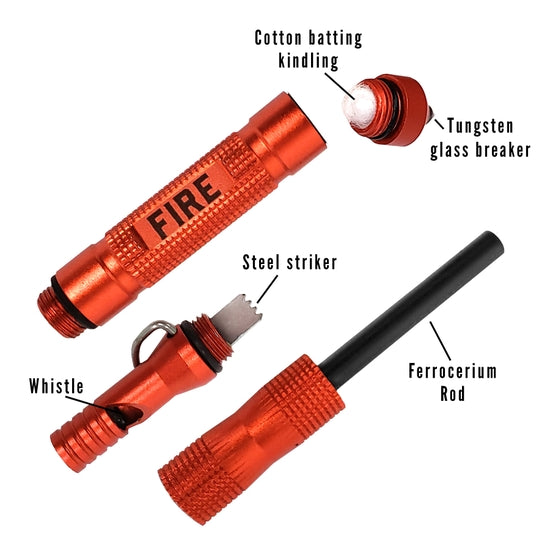 The Pocket Fire Starter Tool by TrixienMilo is an orange multifunctional survival tool that disassembles into several parts: a cotton batting kindling with a tungsten glass breaker tip, a steel striker, a whistle, and a ferrocerium rod labeled "FIRE." It's ideal for camping and hiking enthusiasts seeking a dependable pocket fire starter.