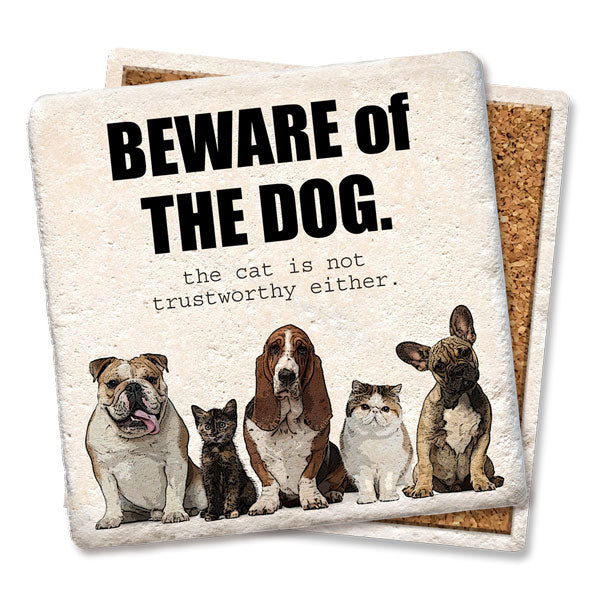 Sign showcasing whimsical, cartoon-style illustrations of three dogs and two cats, all seated in a row. The text humorously states, "BEWARE of THE DOG. the cat is not trustworthy either." Match this entertaining image with Tipsy Coaster's "Beware of Dog Coaster" to infuse some lighthearted charm into your home decor.