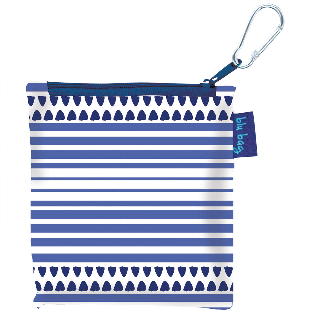 A compact, sustainable Bethany Reusable Bag from zzzRockFlowerPaper showcases a charming blue and white striped design adorned with heart-shaped patterns. It features a practical zipper closure and includes a convenient carabiner clip on one corner.