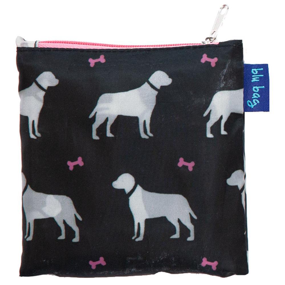 Introducing the Black Dogs Reusable Bag by zzzRockFlowerPaper—a charming pouch featuring a delightful pattern of light gray dogs and pink bones, complete with a convenient zipper. This eco-friendly bag is perfect for carrying your essentials, and the "zzzRockFlowerPaper" brand tag adds an extra touch of charm on the side.