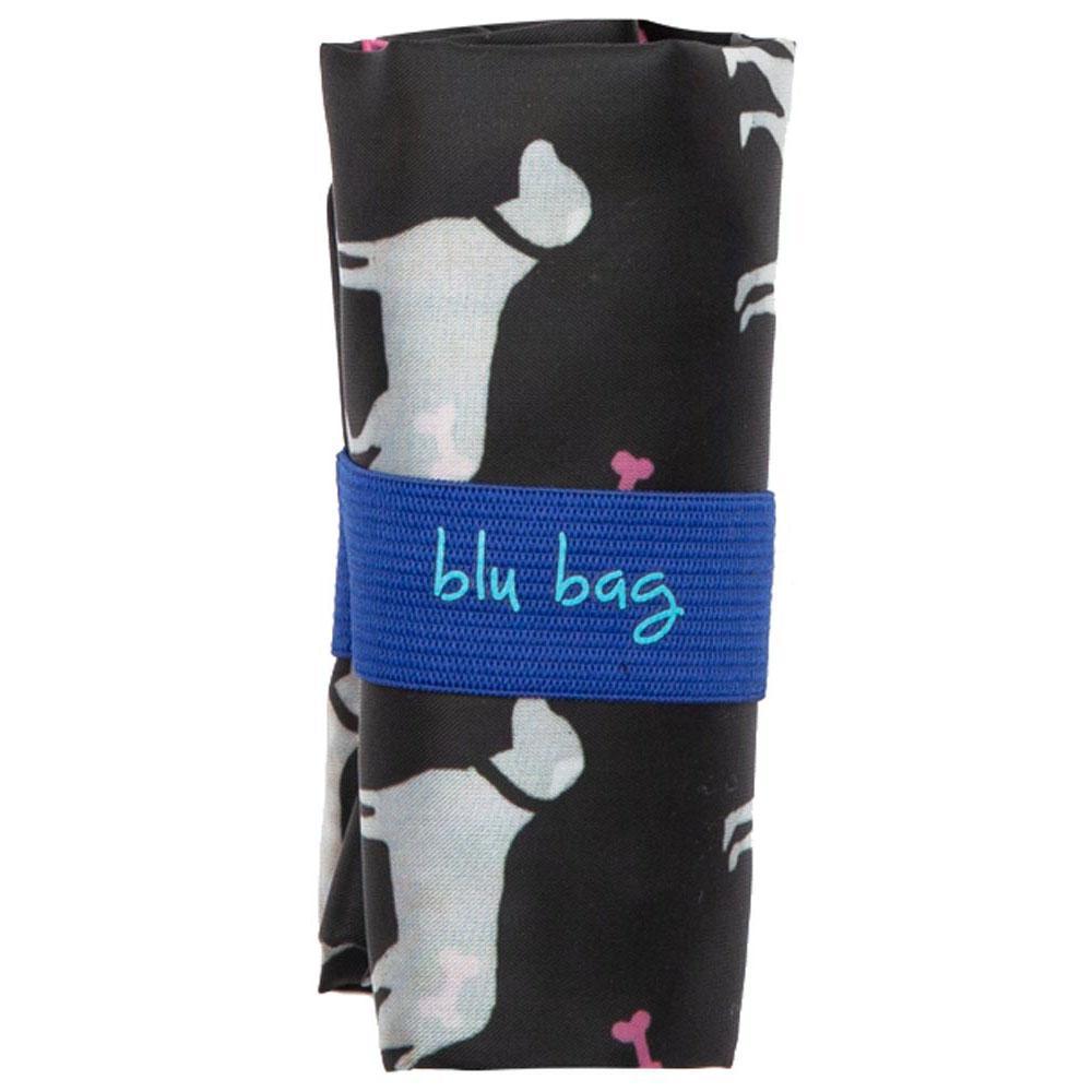 A black eco-friendly shopping bag from zzzRockFlowerPaper is neatly rolled and secured with a blue strap labeled "blu bag." This reusable Black Dogs Reusable Bag features white and pink dogs alongside small pink bones, combining style and sustainability.