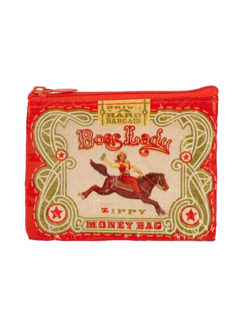 Small red zipper pouch with a vintage-style decorative design. The text reads: "Super Savvy Bargain, Boss Lady, Zippy Money Bag." It features a graphic of a woman riding a horse surrounded by ornate flourishes and stars. Made from post-consumer recycled material, this Blue Q Boss Lady Coin Purse is perfect for the Boss Lady.
