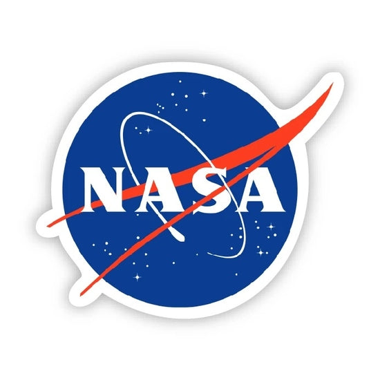 The image displays the NASA Logo Sticker by Big Moods, showcasing a blue circle with white stars and a red chevron, along with the letters "NASA" in white running across the center.