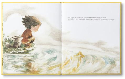 Illustration by Mae Besom depicts a child with dark hair crouched on a small grassy island, contemplating the water next to a little creature. The text states: "I thought about it a lot. I wished I had taken my chance." This resonates with themes from Kobi Yamada's book, "What Do You Do With a Chance" by COMPENDIUM.