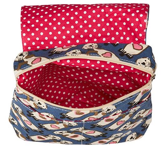 Introducing the Bungalow 360 Sm Messenger Sea Otter, an open zipper pouch with a delightful red and white polka dot interior. The 100% cotton exterior boasts a vibrant blue background adorned with unique designs of cartoon sea otters holding pink hearts. Lift the flap to reveal the spacious inside of this charming pouch, ideal for supporting animal causes.