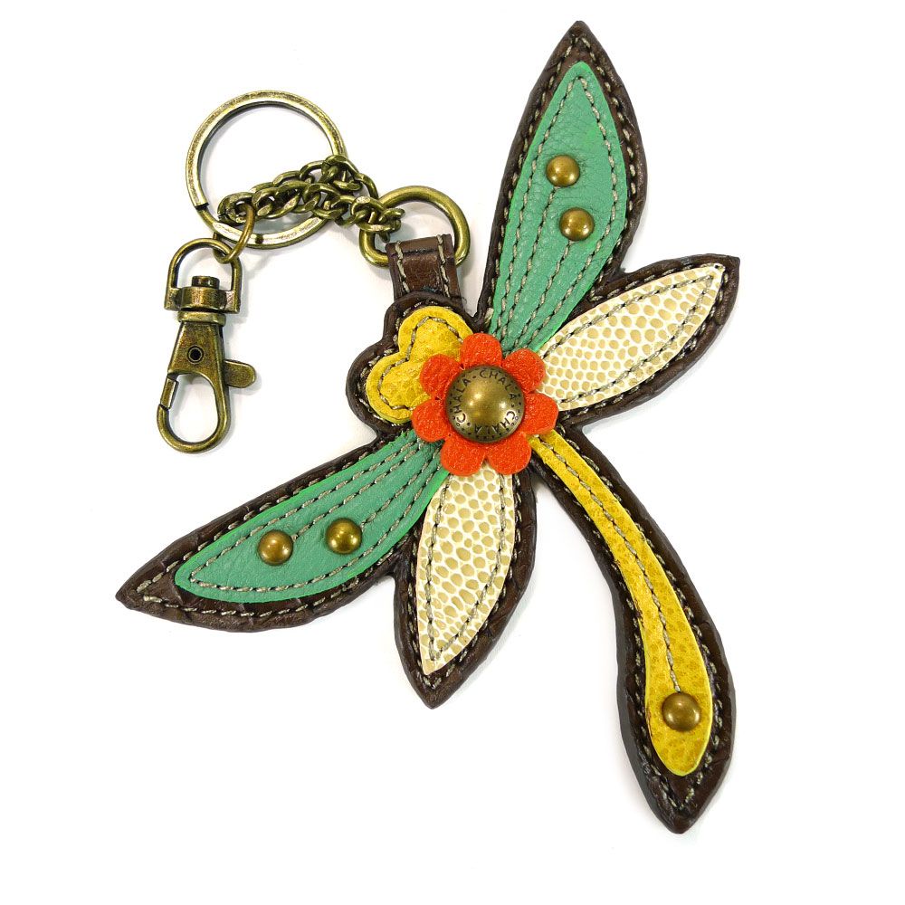 The Dragonfly Keychain by Chala showcases a vibrant design with green, yellow, and cream faux leather wings adorned with detailed stitching. Enhanced by button accents and an orange flower, it includes a durable metal clasp and chain.