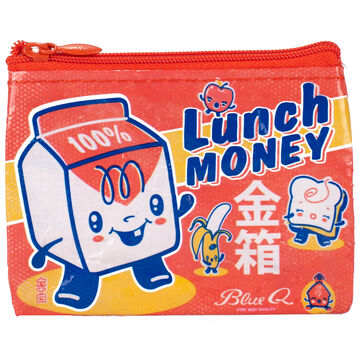 The "Lunch Money Coin Purse" by Blue Q is a small, vibrant pouch crafted from recycled materials. It features a red zipper and striking blue and yellow accents. The design showcases a whimsical cartoon milk carton character, bold blue text reading "Lunch Money," and Japanese characters, making it perfect for use as a coin purse. The brand name "Blue Q" is printed on the bottom for an extra touch of authenticity.