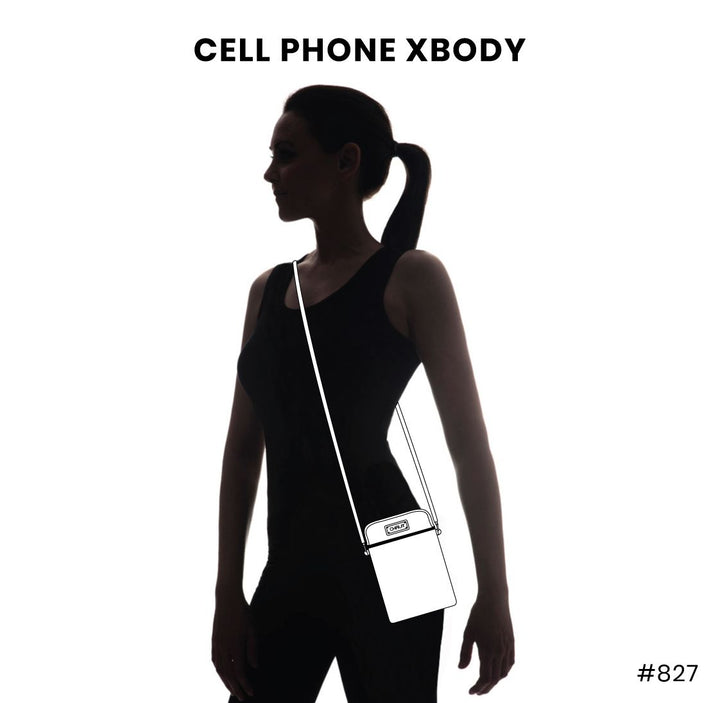 Silhouette of a woman in profile wearing a crossbody bag with an adjustable strap, featuring the label "Dazzled Cell Xbody - Paisley" at the top. The bag is outlined in white with intricate detailing and displays "#827" from the Chala brand in the bottom right corner.