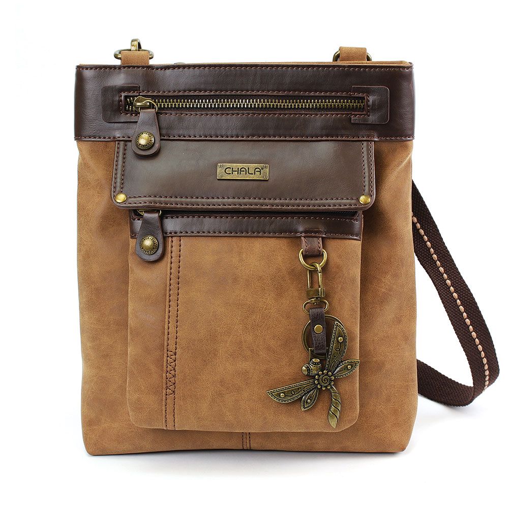 The Chala Gemini Xbody w DF Brown is a stylish shoulder bag made with a mix of dark and light brown leather. It features multiple zippered compartments, snap-button pockets, and a detachable front pocket. A metal dragonfly charm adorns the front, and the bag includes adjustable straps with pink stitching.