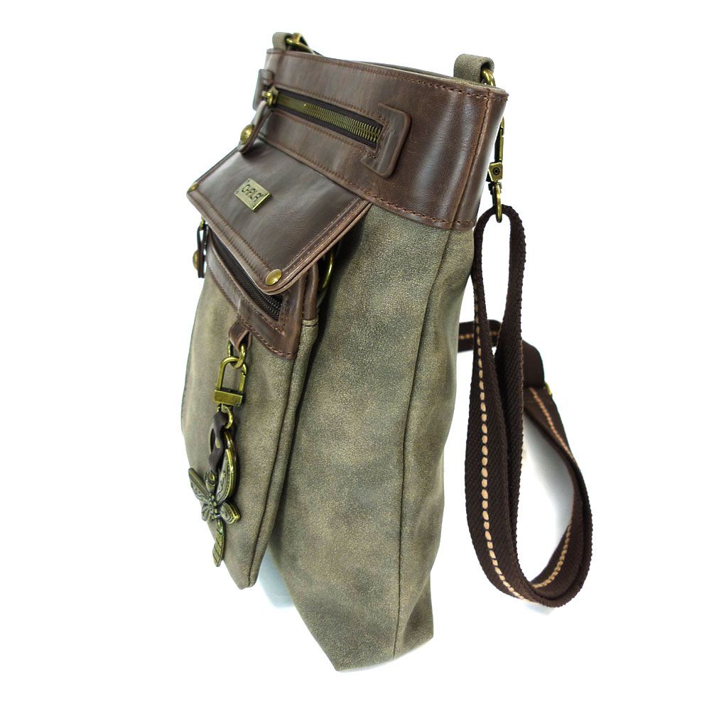 The Chala Gemini Xbody w DF Stone Grey is a stylish crossbody bag in a sophisticated olive-green shade with chic brown leather accents. This multifunctional bag includes various compartments, such as a detachable front zip pocket and a flap with a sleek metal clasp. The adjustable brown strap, featuring beige stitching, makes it perfect for everyday use.