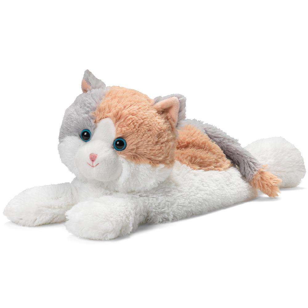 The Calico Cat Warmie by Warmies is a plush toy with white, gray, and orange fur and blue eyes in a playful resting pose. Infused with calming lavender scent, it can be gently warmed in the microwave for added comfort.