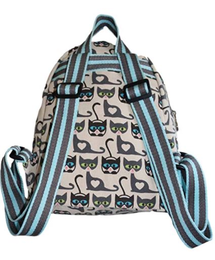 The Backpack Cat by Bungalow 360 is crafted from natural cotton canvas and features a playful cat print with black and gray cats that have blue and green eyes. It boasts striped adjustable shoulder straps in gray, black, and blue, as well as a top handle for convenient carrying—ideal for those who appreciate unique designs and support animal causes.