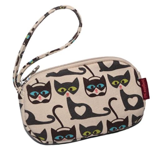 The Tiny Wristlet Cat by Bungalow 360 is a small beige wristlet purse adorned with a charming pattern of black and gray cats wearing glasses and holding hearts. This vegan-friendly accessory features a secure zippered top and a matching wrist strap, making it perfect for those who appreciate unique designs and support animal causes.