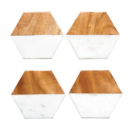 CreativeCoOp's Marble & Mango Wood Hexagon Shaped Coasters elegantly blend natural wood on the top half with white marble on the bottom, enhancing any table setting. These stunning coasters are meticulously organized in a 2x2 grid, adding geometric charm and sophistication to your decor.