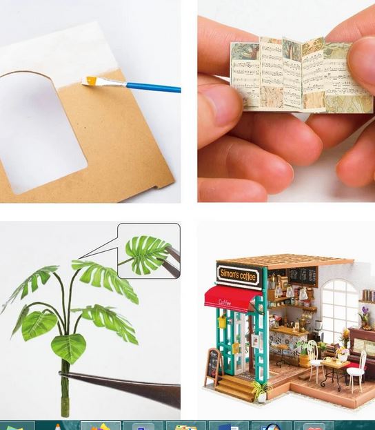 A collage of four images: a person painting a small cardboard cutout from the Simons Coffee DIY Miniature Kit, hands holding a miniature book by Hands Craft, scissors trimming a tiny leaf in a dollhouse garden, and a detailed 3D dollhouse puzzle model of Simons Coffee with outdoor seating and a red sign.