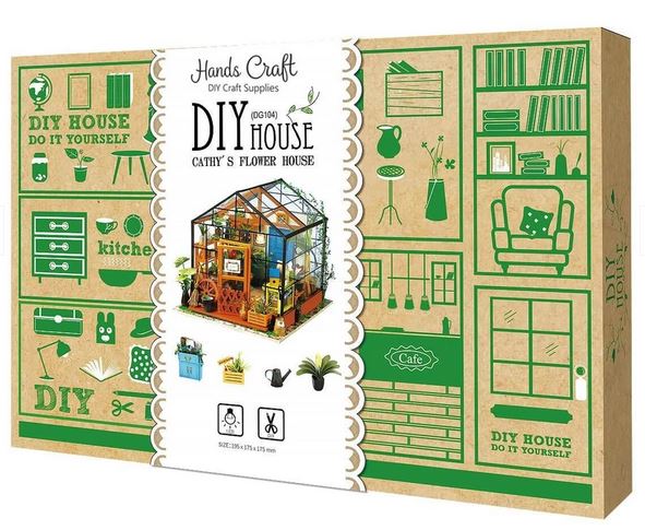 The packaging for the Cathy’s Flower House DIY Miniature Kit by Hands Craft showcases intricate images of the tiny greenhouse, transforming it into a charming 3D dollhouse puzzle. The box is adorned with icons of furniture and tools, and prominently features the text "DIY House Do It Yourself," all set against green and white illustrations on a brown background.