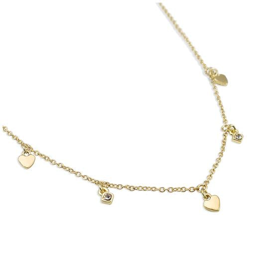 Explore the Dangle Necklace Love by LuckyFeather, a 14k gold plated masterpiece featuring small heart-shaped and square pendants that elegantly dangle along an adjustable thin chain. Each pendant shines with a polished finish, adding a touch of timeless elegance.