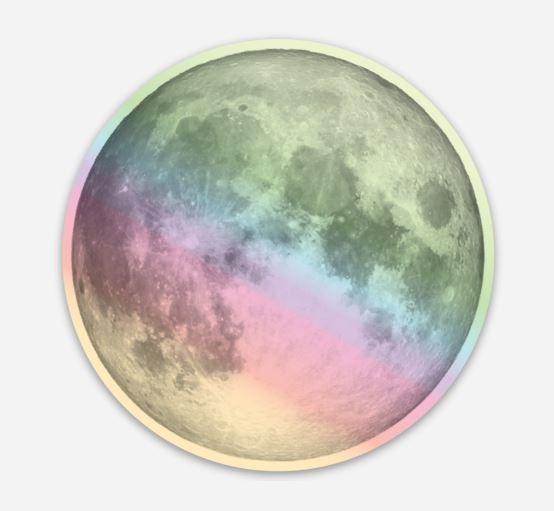 The Holographic Moon Sticker by StickerMule features a depiction of a full moon with a distinctive colorful gradient overlay. The gradient includes hues of green, blue, pink, and yellow, beginning with green at the top and transitioning diagonally across the moon's surface to end with pastel shades at the bottom. Made from UV-resistant vinyl, it's perfect for anyone looking for vibrant and durable moon stickers.