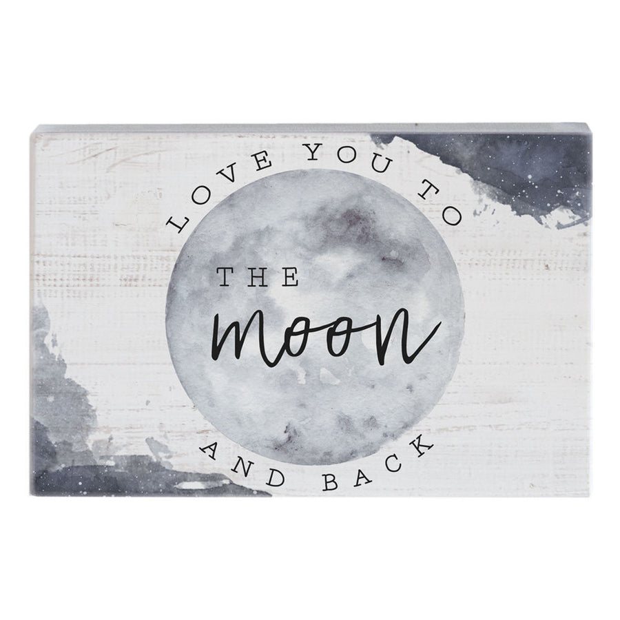 Introducing the Moon & Back sign by SincereSurroundings: This handcrafted, rectangular sign showcases a beautiful watercolor illustration of the moon set against a white background. Encircling the moon is the heartfelt text, "LOVE YOU TO THE MOON AND BACK," with "THE moon" notably displayed over the moon's image in bold, lowercase letters. It's easy to display and makes a perfect addition to any home in Rock Rapids.