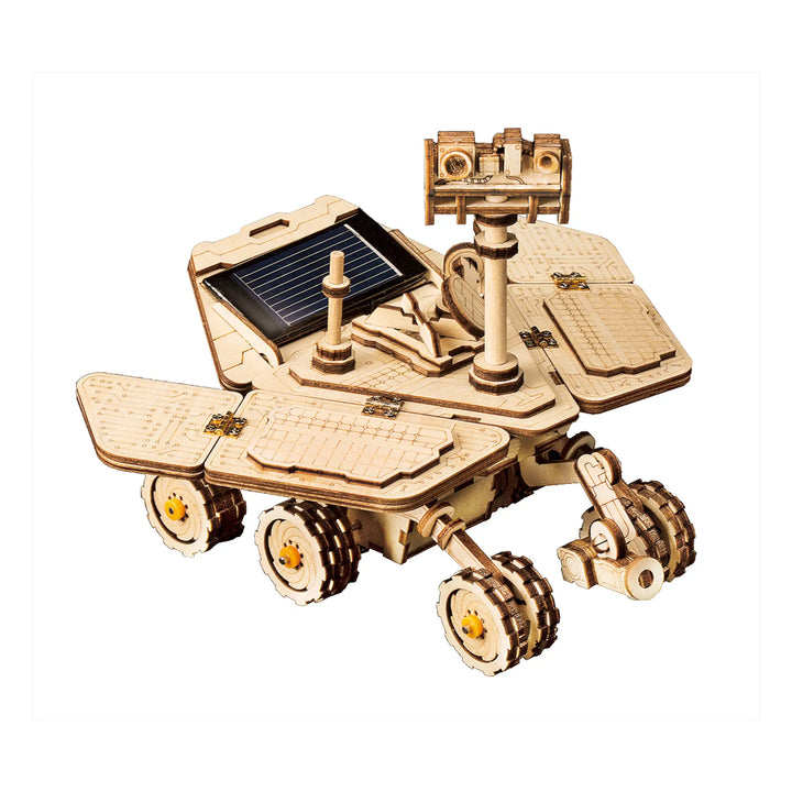 The Robotime DIY Solar Powered Rover is a wooden model featuring six wheels, solar panels, and a camera mast. This intricate 3D puzzle serves as an educational STEM project that closely resembles a science exploration robot.