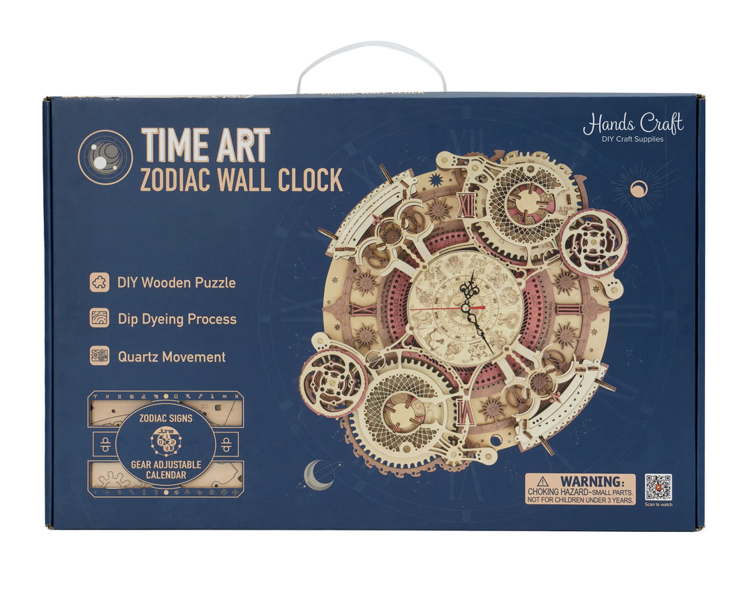 The image showcases the packaging of a product labeled "DIY Zodiac Clock" from Hands Craft. The box features an intricate, gear-like design of a wooden clock with zodiac elements. Key highlights include a DIY clock kit, adjustable calendar, and precise quartz movement achieved through mechanical gears.