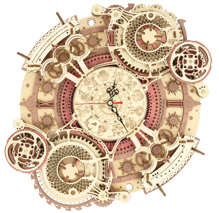 The DIY Zodiac Clock by Hands Craft is a sophisticated wooden mechanical clock adorned with intricate gears, zodiac symbols, and Roman numerals. It showcases red and beige details along with elaborate carvings, resulting in an ornate steampunk aesthetic. The design comprises multiple layers, interconnected components, and includes an adjustable calendar for enhanced functionality.