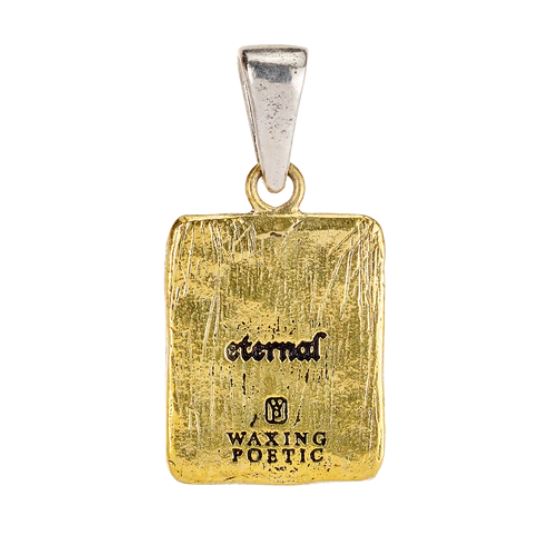 Introducing the "Momento Charm - Heart" by Waxing Poetic, this rectangular gold pendant boasts a textured surface with the word "eternal" elegantly engraved. Below, it features the inscription "WAXING POETIC" alongside a small decorative emblem. The charm is set against a brass backdrop and attached to a sterling silver bail.