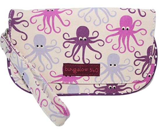 The Large Wristlet Octopus by Bungalow 360 is a beige clutch purse with a wrist strap, crafted from durable natural cotton canvas and decorated with a unique pattern of purple, pink, and grey octopuses. This vegan-friendly purse features a flap closure and displays a maroon label that reads "Bungalow 360.