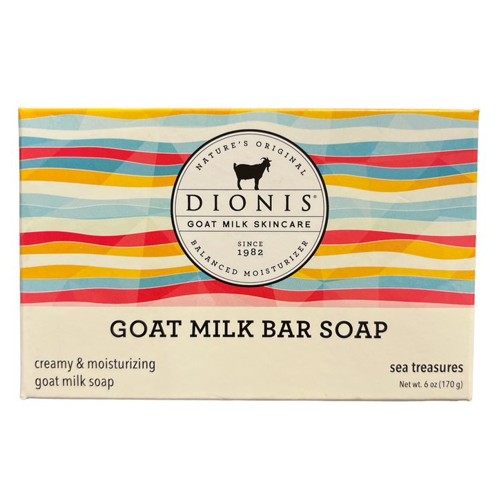 Image of the Dionis Sea Treasures Bar Soap 6oz packaging. The box features colorful, wavy stripes on top, a circular logo with a black goat silhouette, and text: "Nature's Original Goat Milk Skincare Since 1982." Infused with nourishing shea butter, the soap is labeled "creamy & moisturizing" with a "sea treasures" scent.