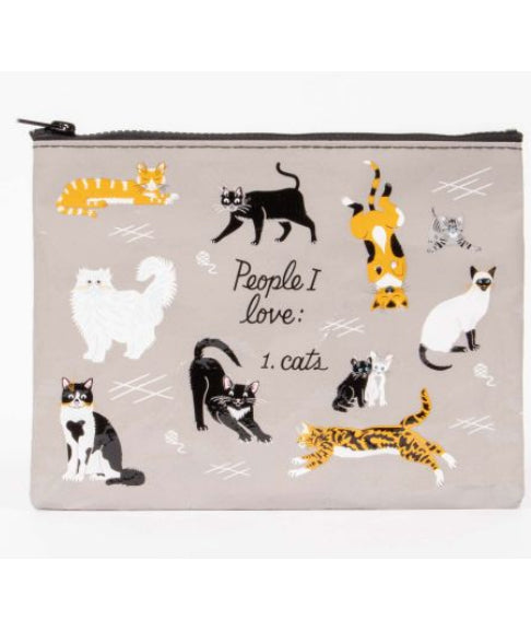 The People I Love: Cats Zipper Pouch by Blue Q is a delightful accessory, showcasing illustrations of cats with playful text that reads, "People I love: 1. cats." Set against a light gray background, the vibrant cats are depicted in various poses. Crafted from recycled materials, this zipper pouch is ideal for those who appreciate eco-friendly products.