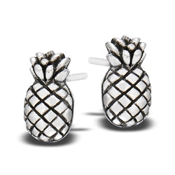 Close-up of Welman's Pineapple Silver Stud earrings, crafted from sterling silver with a textured finish. The intricate design mirrors the surface of a pineapple, is mask-friendly, and is showcased against a white background.