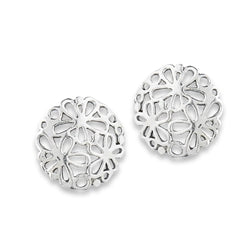 Introducing the Cutout Flowers Silver Stud from Welman, a pair of round, sterling silver earrings adorned with an intricate floral cut-out design. Featuring both small and large flower patterns interwoven to create a lacy, delicate appearance, these mask-friendly earrings boast a shiny, polished finish.