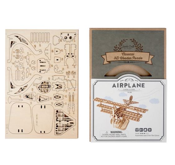 A wooden 3D puzzle kit for DIY assembling a model airplane from Hands Craft. The packaging showcases laser-cut wooden pieces on the left and an illustration of the finished airplane model on the right. The label reads "DIY Airplane" and "Classical 3D Wooden Puzzle.