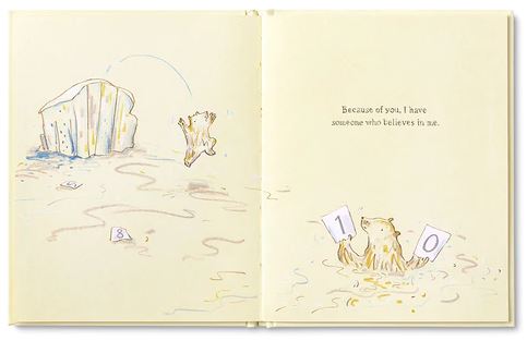 A sketched illustration on two yellow-tinted pages. On the left, a small creature looks at a large rock with paper numbers on the ground. On the right, the creature holds up cards with the numbers 1 and 0, captioned, "Because of you, I have someone who believes in me." This sweet sentiment is beautifully captured in Compendium's gift book *Because of You Mom*.