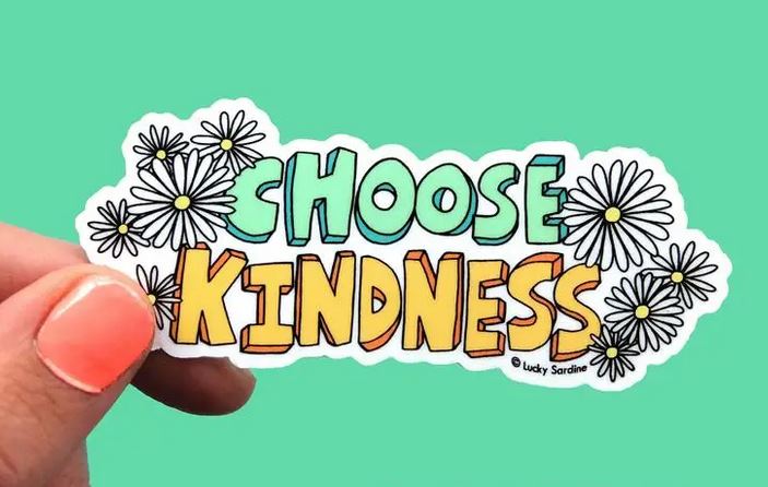 A hand holds the Lucky Sardine "Choose Kindness Sticker," a durable vinyl decal featuring bold lettering with "CHOOSE" in green and "KINDNESS" in orange. This waterproof sticker, embellished with white daisies, boasts a stylish teal background that is scratch-resistant.