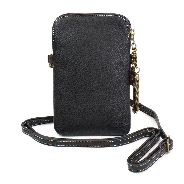 The Chala Dazzled Cell Xbody - Paisley leather crossbody bag showcases a pebbled texture and minimalist design. It includes an adjustable strap and is adorned with a striking bronze chain tassel on the side, enhanced by elegant white stitching accents.