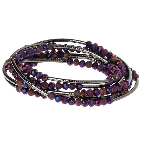 The Wrap Dahlia Hematite bracelet by Scout Jewelry features dark purple iridescent beads intertwined with thin metallic strands and gleaming hematite accents, elegantly coiling in a multi-layered design.