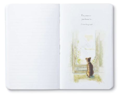 The "Our Friend for Always" Write Now Journal by Compendium features lined pages on the left and a beautifully designed illustration on the right. The artwork depicts a dog sitting and looking out a partially open door, accompanied by the quote: "I'm yours - you know it. - F. Scott Fitzgerald.