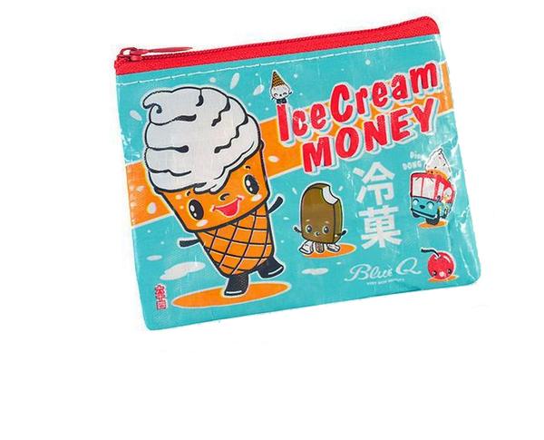 The Ice Cream Money Coin Purse by Blue Q is a vibrant, recycled material pouch featuring a smiling ice cream cone character with a white swirl and arms against a turquoise background. A red zipper adds contrast, and the text "Ice Cream Money" stands out in lively letters on the front. The design also includes additional cute dessert characters and some Asian characters, making it perfect for loose change.