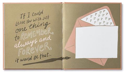 An open book titled "Mom I wrote a book about you" by Compendium reveals a message on the left page that reads, "If I could leave you with just one thing to remember, always and forever, it would be that..." The right page features a pink envelope with a paper inside, adorned with small hearts—a heartfelt gift capturing shared experiences.