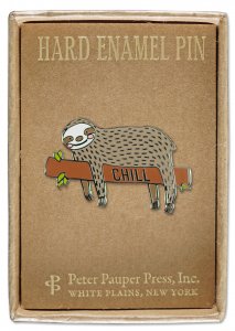 A hard enamel pin called the "Sloth Pin" from PeterPauperP features a relaxed sloth lounging on a branch with "CHILL" inscribed. It is presented in a gift box labeled "Hard Enamel Pin" at the top, with PeterPauperP's details neatly printed at the bottom.