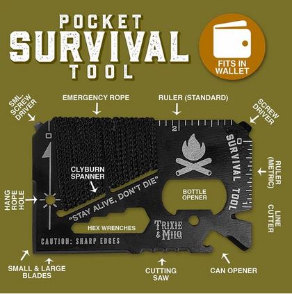 Introducing the TrixienMilo Survival Tool, a credit card-sized essential offering 15 functions. This compact lifesaver fits in your wallet and includes a small screwdriver, emergency rope, rulers, bottle opener, can opener, hex wrenches, saw, and cutting blade for any situation.