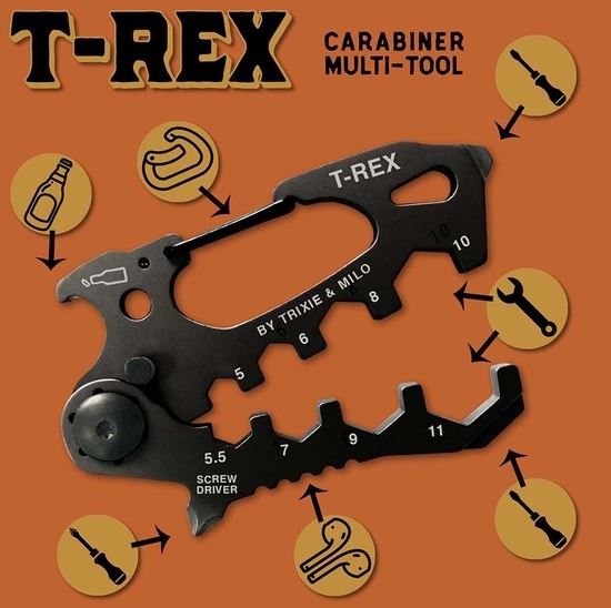 Image of a T-Rex-shaped T-Rex Multi-Tool 15-in-1 tool labeled "BY TRIXIENMILO," crafted from stainless steel. It features various tools such as a screwdriver, hex wrenches, and bottle opener, with individual icons detailing each function. The vibrant background is orange.