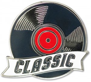 Depiction of a Vinyl Pin by PeterPauperP, featuring a classic design of a vinyl record with a red center and black grooves, resembling a timeless hard enamel pin. A white banner underneath prominently showcases "CLASSIC" in bold black lettering. Ideal as both a collectible and gift, it is crafted to elegantly complement any keepsake display or special gift box.