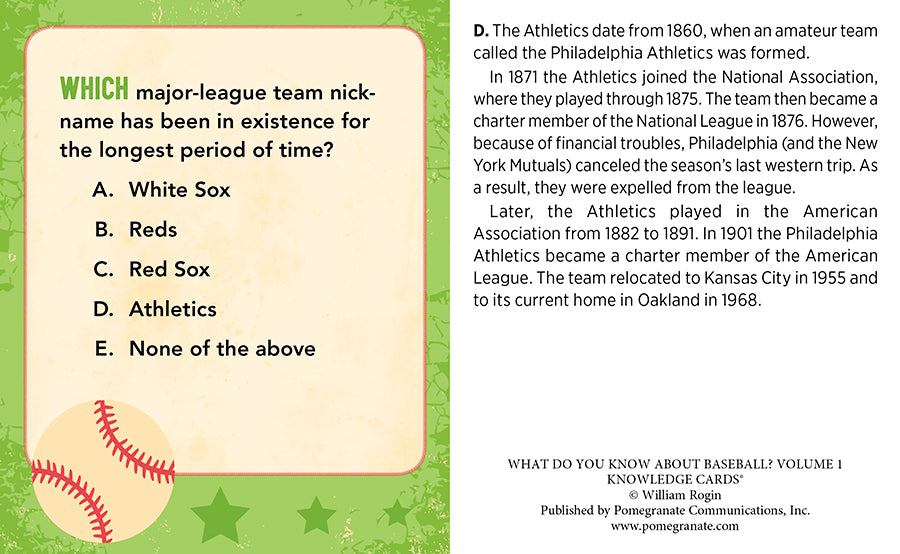 An image of a Knowledge Card from Pomegranate's Baseball series about baseball trivia. The card asks which major league team nickname has existed the longest, with options including White Sox, Reds, Sox, Athletics, and None of the above. It provides detailed historical information on the Athletics dating back to 1860.