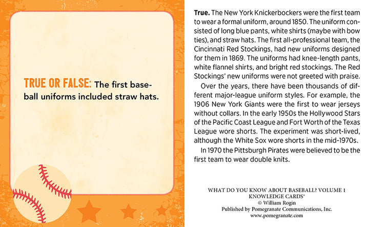 A Pomegranate Baseball Knowledge Card features a "True or False" trivia question on the left with an orange border, while the right side provides the answer and additional historical details about the evolution of baseball uniforms. The card is decorated with baseball stitching patterns and stars.